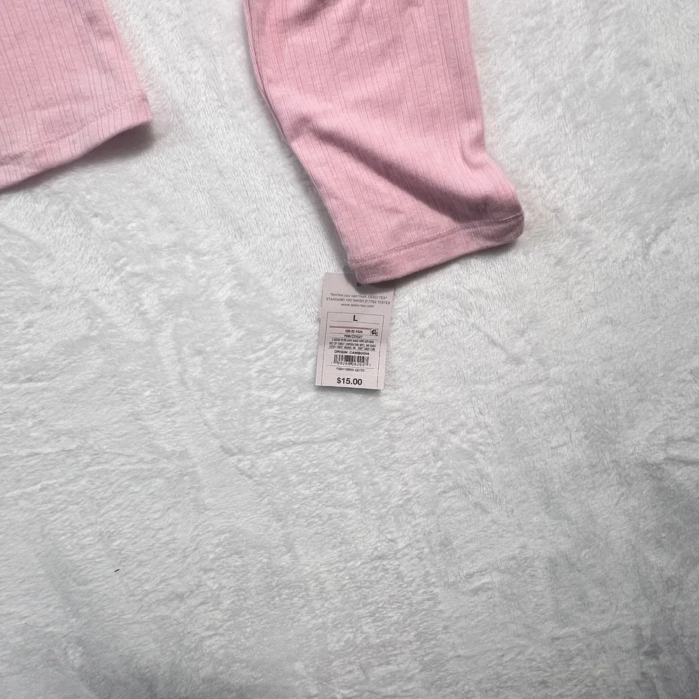 Auden Pink Ribbed Long Sleeve Pajama Top Square Neck Bow Size Large NEW